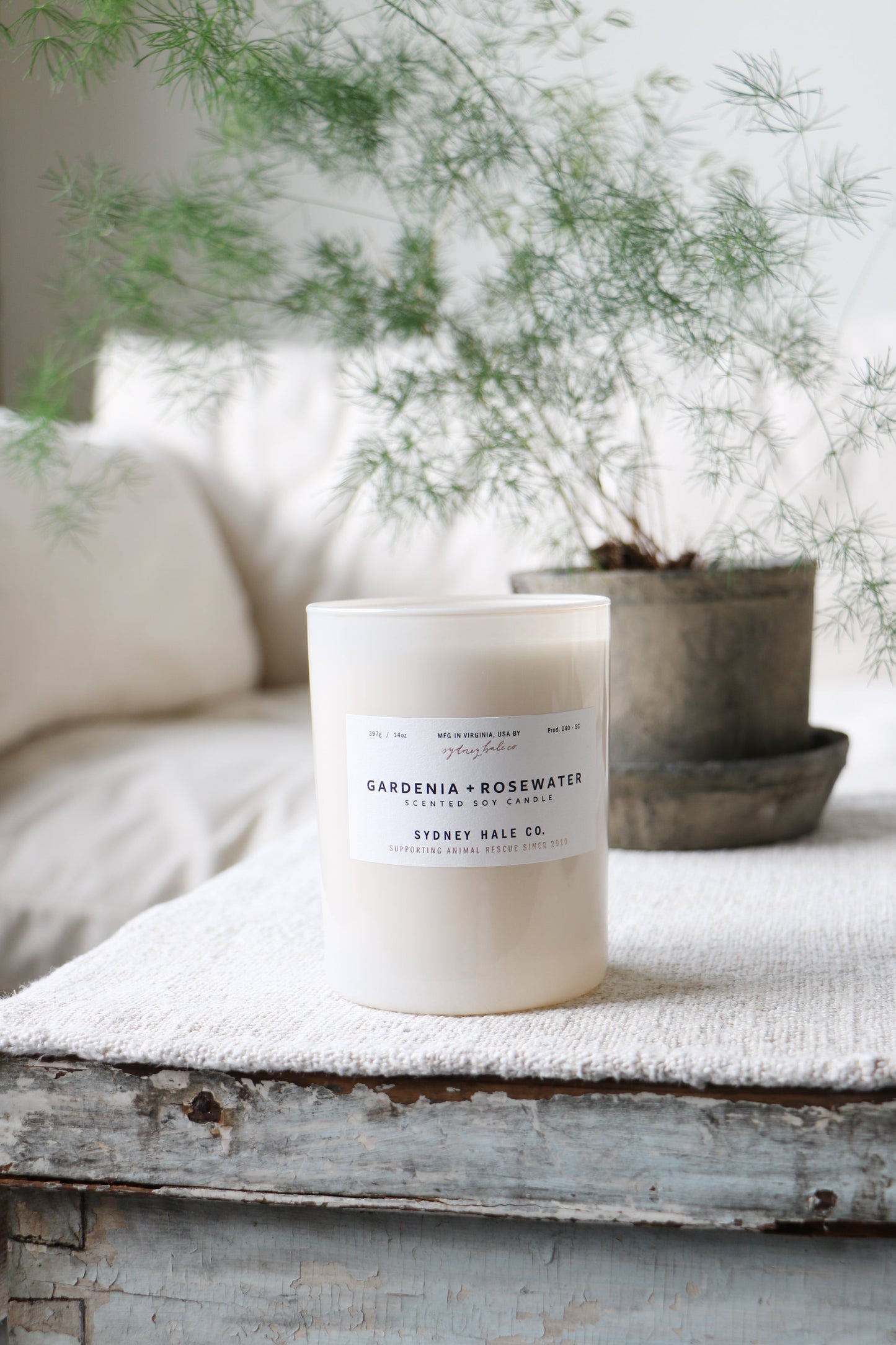 Gardenia & Rosewater candle by Sydney Hale, hand-poured in Virginia, sitting on a coffee table with a calm white background. 